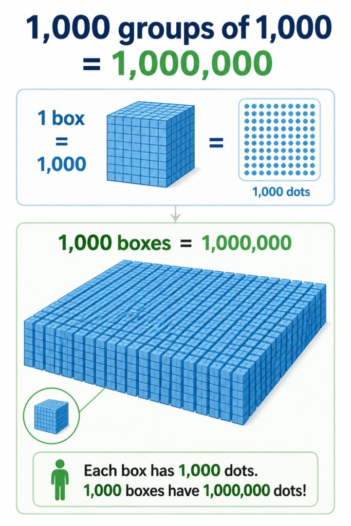 Visual showing one million as 1000 groups of 1000