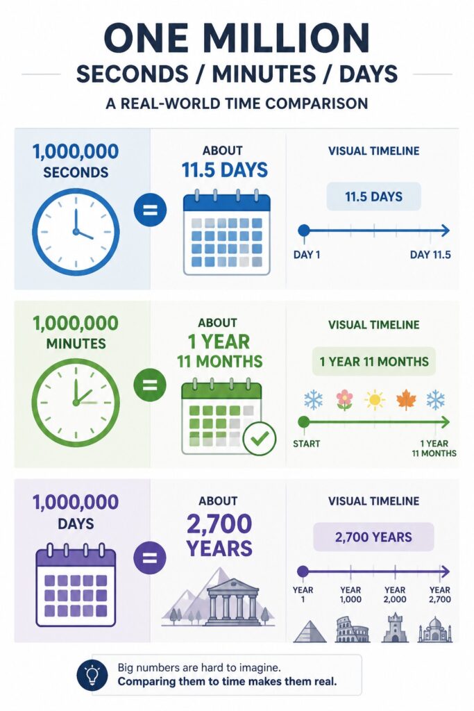 Comparison chart of one million seconds, minutes, and days